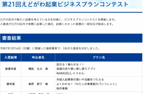 第21回えどがわ起業ビジネスプランコンテストの結果画像